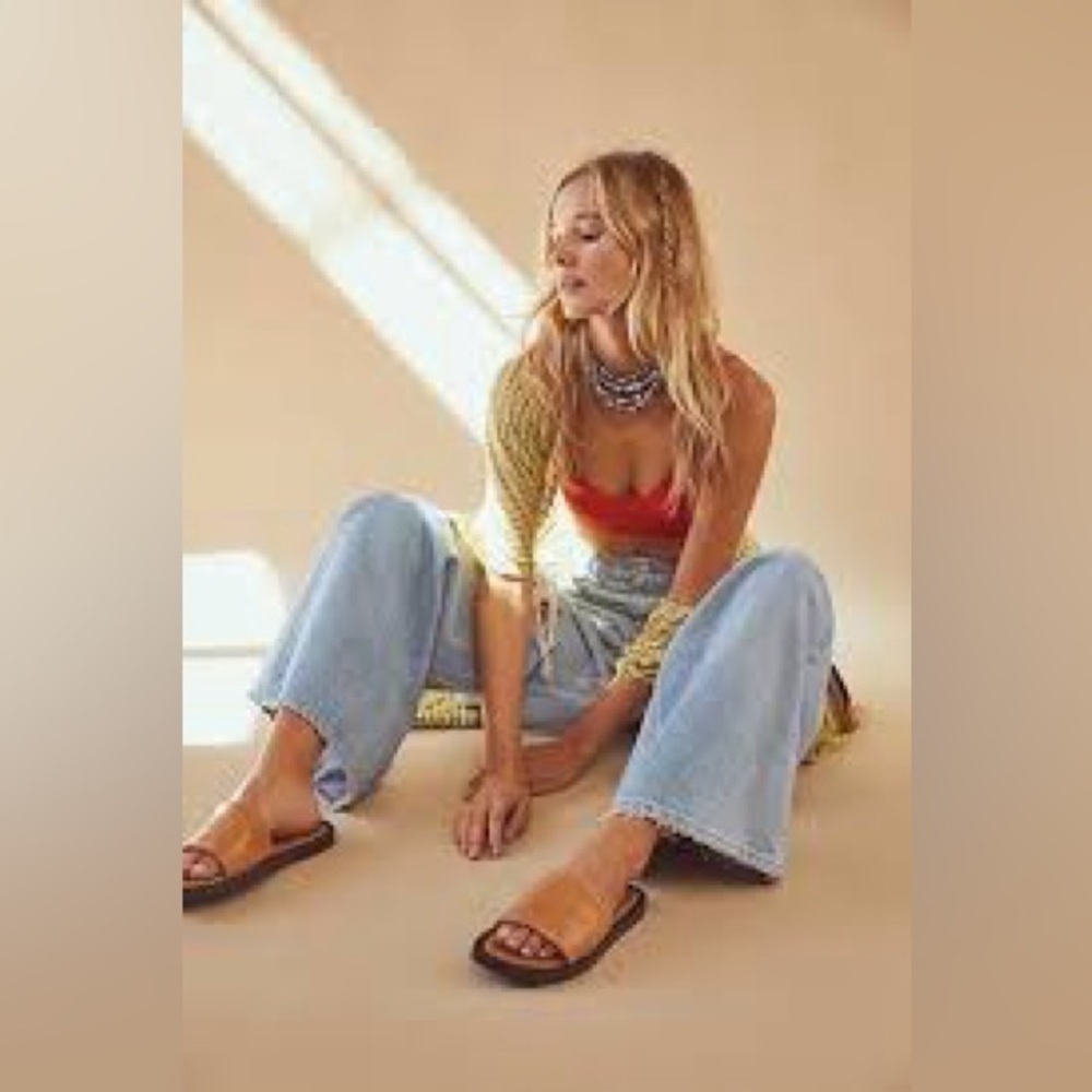 Free People Tan Leather Slide Sandals